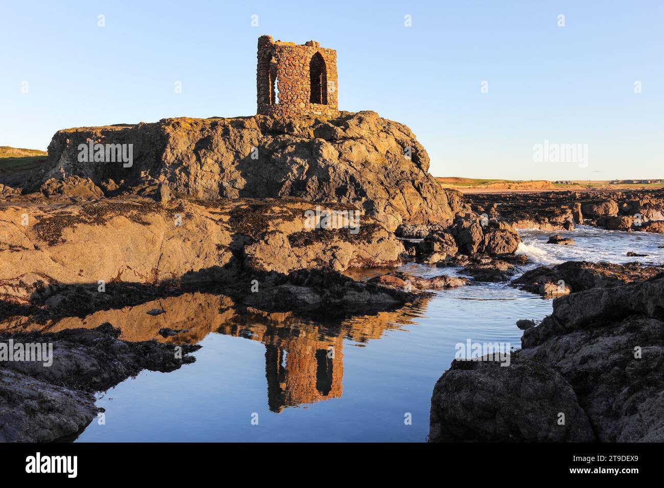 Lady’s Tower spiegelt sich in einem Felsenbecken im frühen Morgenlicht, Ruby Bay, Elie, Fife, Schottland, UK Stockfoto