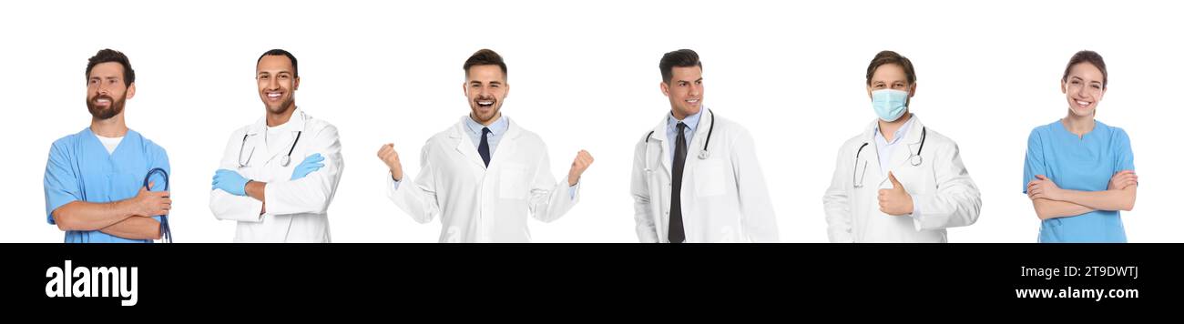 Medizinische Krankenschwestern auf weißem Hintergrund, Fotoset Stockfoto