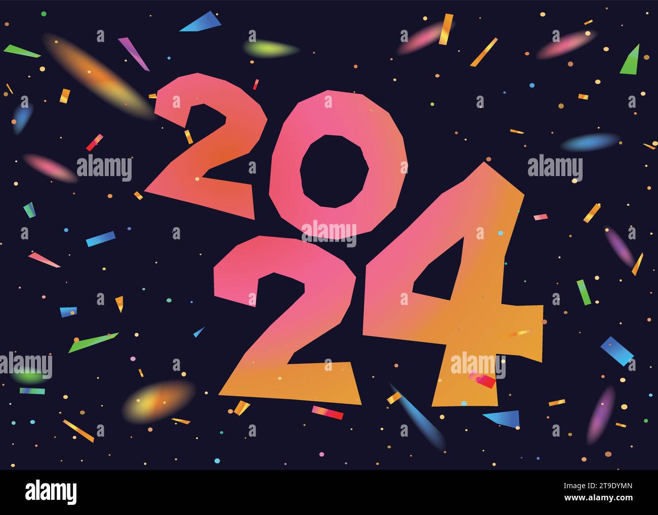 Vektor dunkle Partyvorlage Hintergrund mit der Zahl 2024 Jahr und bunten Regenbogenkonfetti Stock Vektor