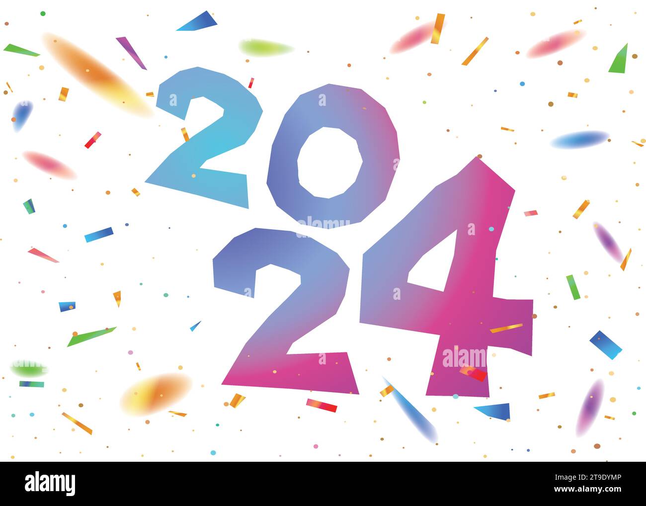 Vektor-weiße Partyvorlage Hintergrund mit der Zahl 2024 Jahr und bunten Regenbogenkonfetti Stock Vektor