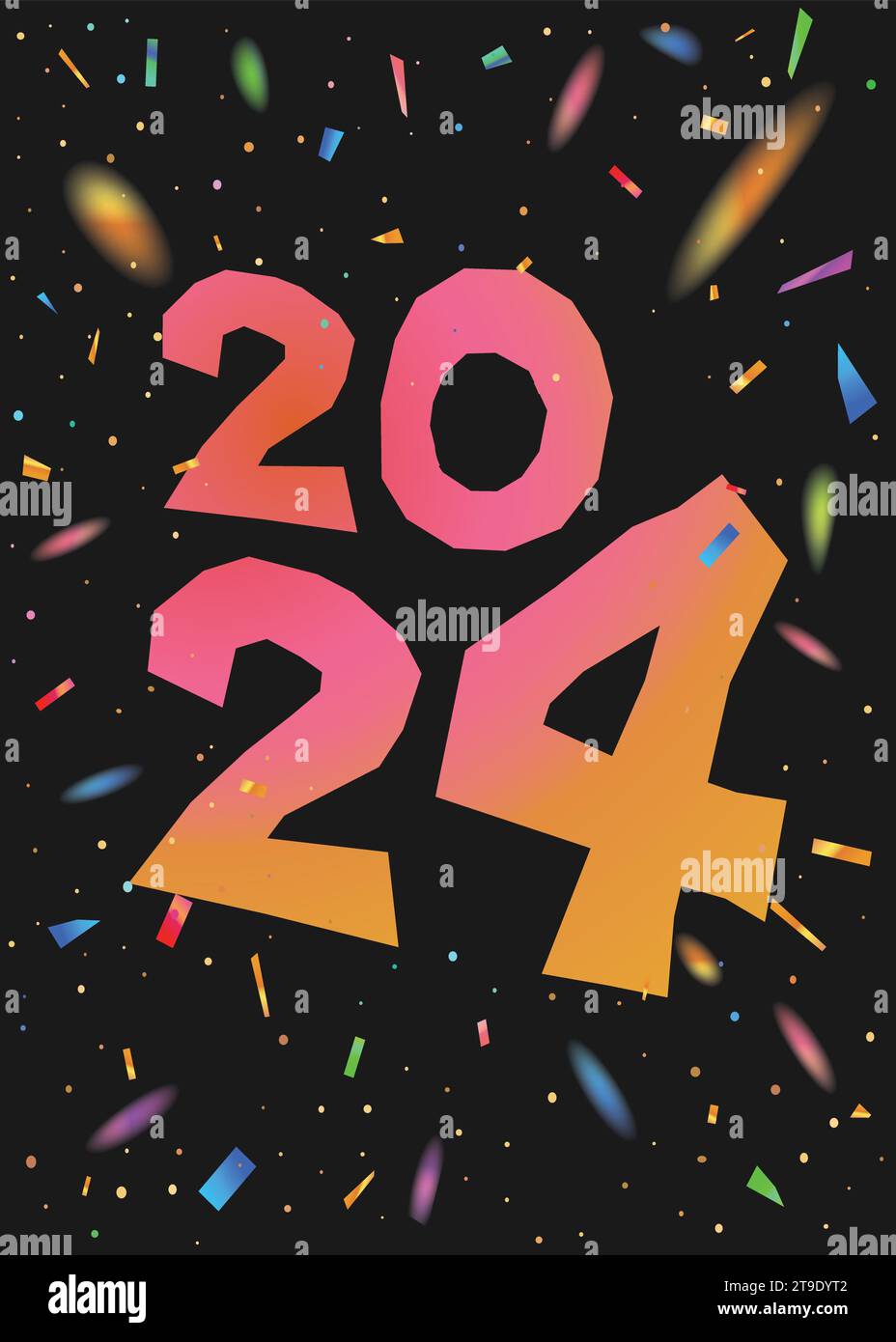 Vertikaler dunkler Partyschablone Hintergrund mit der Zahl 2024 Jahre und farbenfrohen Regenbogenkonfetti Stock Vektor