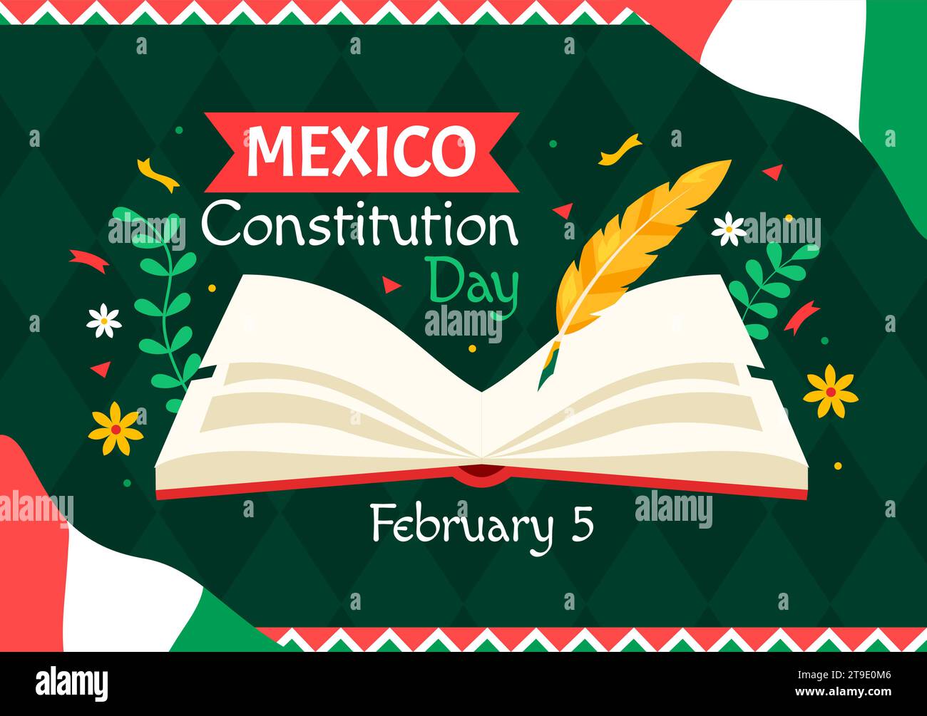 Dia De La Constitucion Vektor-Illustration. Happy Constitution Day of Mexico am 5. Februar mit mexikanischem Hut und winkender Flagge Hintergrund Stock Vektor
