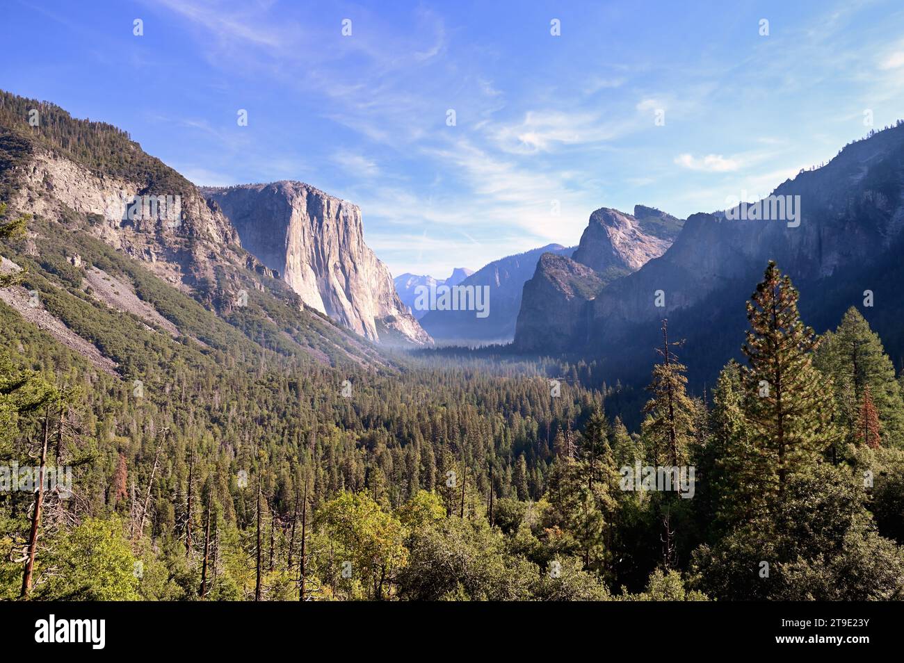 Yosemite National Park, Kalifornien, USA. Ein spektakulärer Blick auf das Yosemite Valley, umgeben von steilen Berghängen und Klippen von Tunnel View. Stockfoto