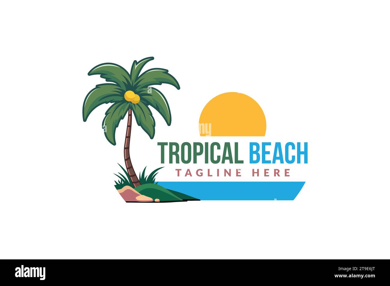 Tropisches Strandparadies Sommer Reise Urlaub Vektor Logo Konzept Illustration mit Palmen bei Sonnenuntergang Stock Vektor