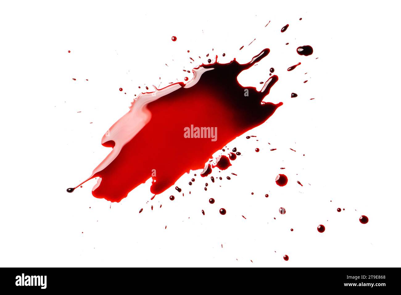 Rote Blutspritzer auf weißem Hintergrund. Grafikressource für die Konstruktion. Stockfoto