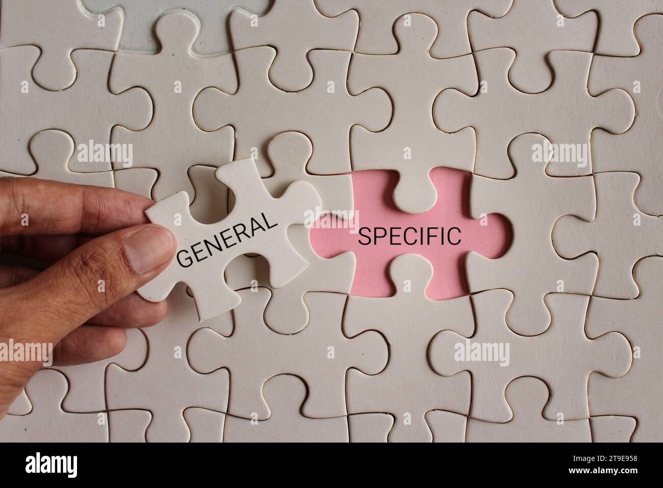 Wählen Sie ein Puzzle-Puzzle aus, das mit ALLGEMEIN geschrieben wurde, und zeigen Sie leeren Raum, der mit BESTIMMTEN geschrieben ist. Stockfoto