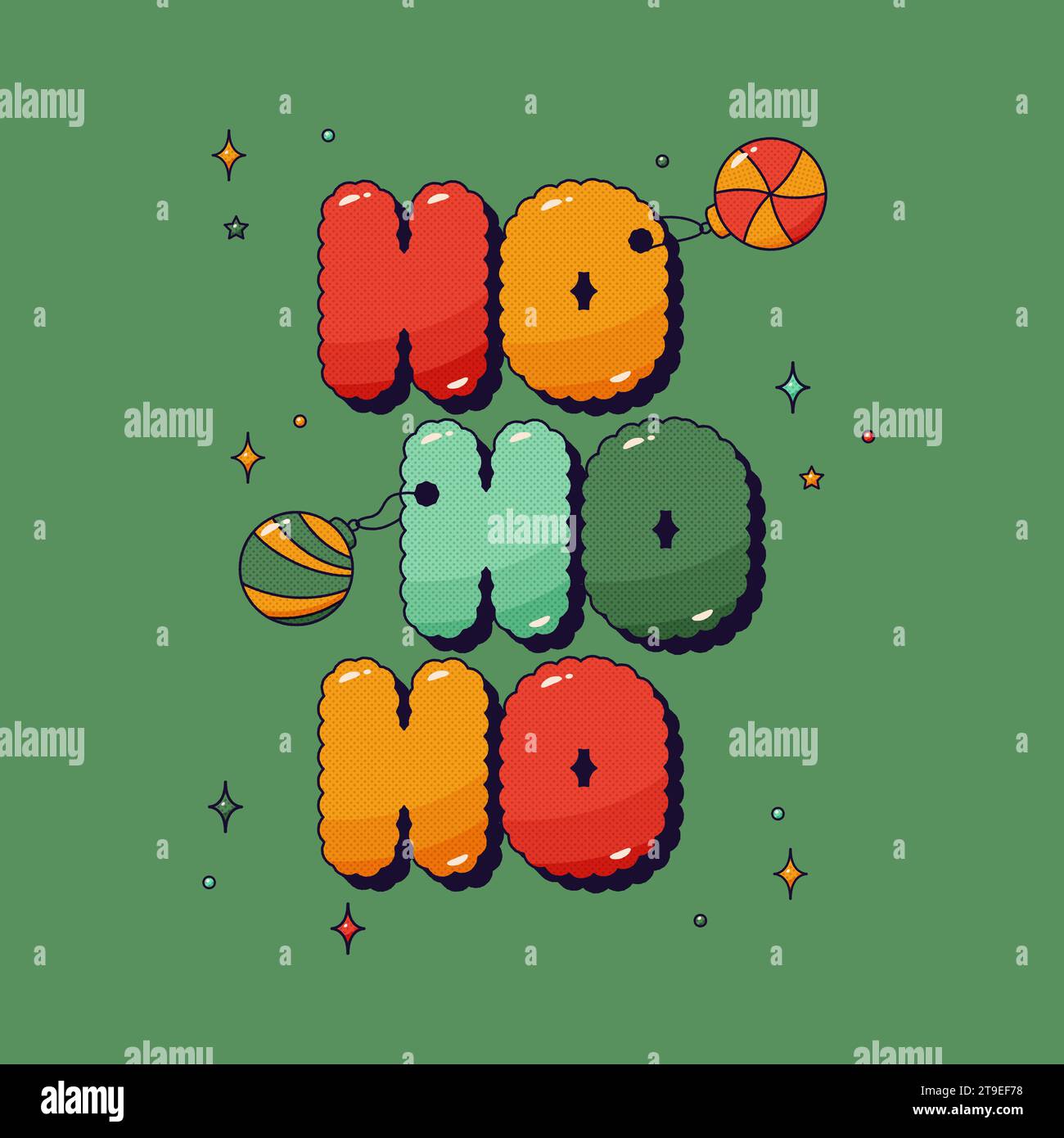 Grooviger Weihnachts-Halbton-Aufkleber. Grüner Hintergrund mit der Farbe noel Phrase Ho Ho Ho. Stock Vektor