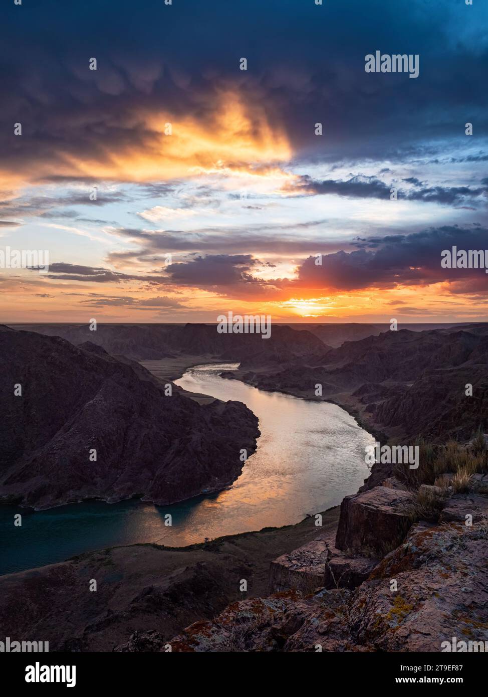 Wunderschöner Sonnenuntergang auf dem Fluss. Ili River im Frühling. Kasachstan. Almaty Region. Die Quelle ist in China. Sie fließt in den Balchasch-See Stockfoto