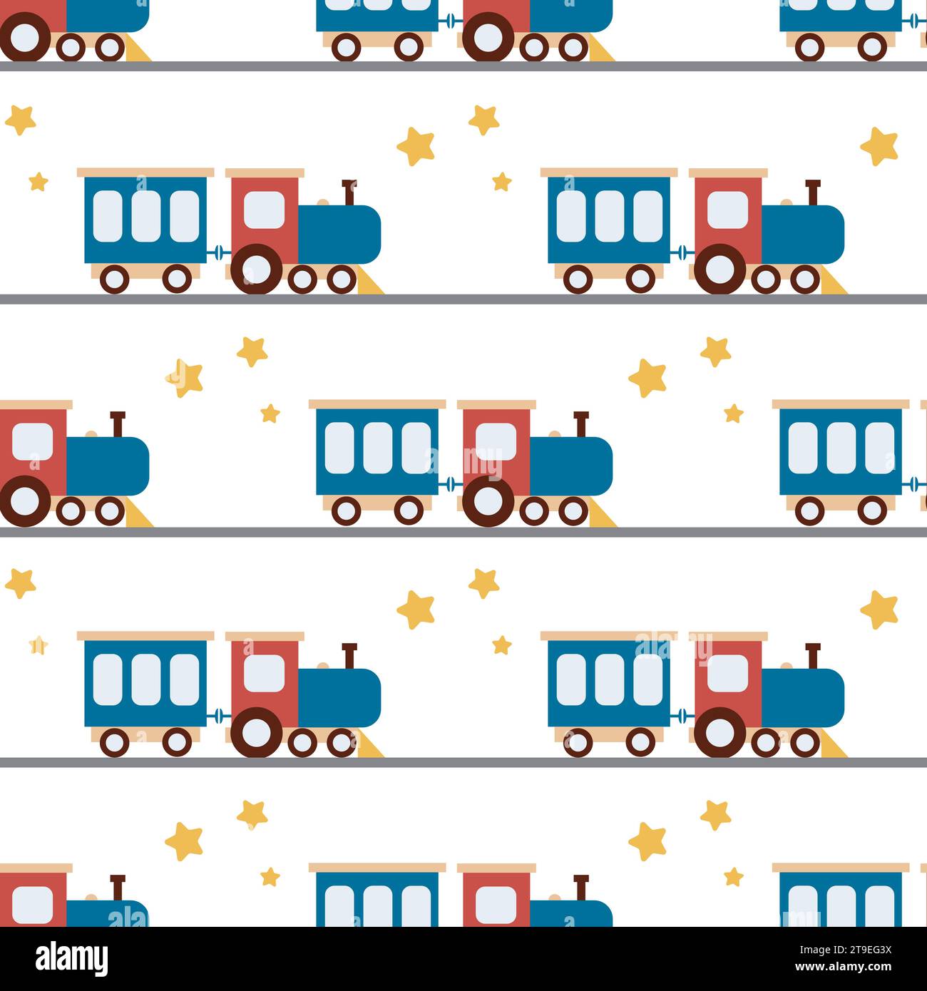 Nahtloses Muster der Baby-Dampflokomotive. Eisenbahn mit Zugfahrerhintergrund. Sterne- und Transportdruck für Textilien für Jungen, Verpackungen, Kinderbekleidung Stock Vektor
