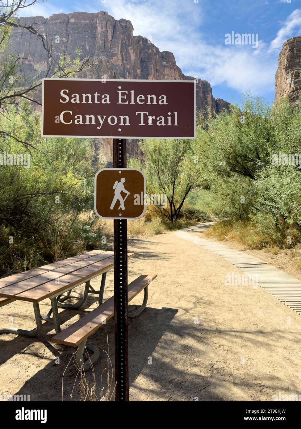 Schilder am Santa Elena Canyon Trail am Rio Grande, Big Bend National Park, Texas, USA, Nordamerika Stockfoto