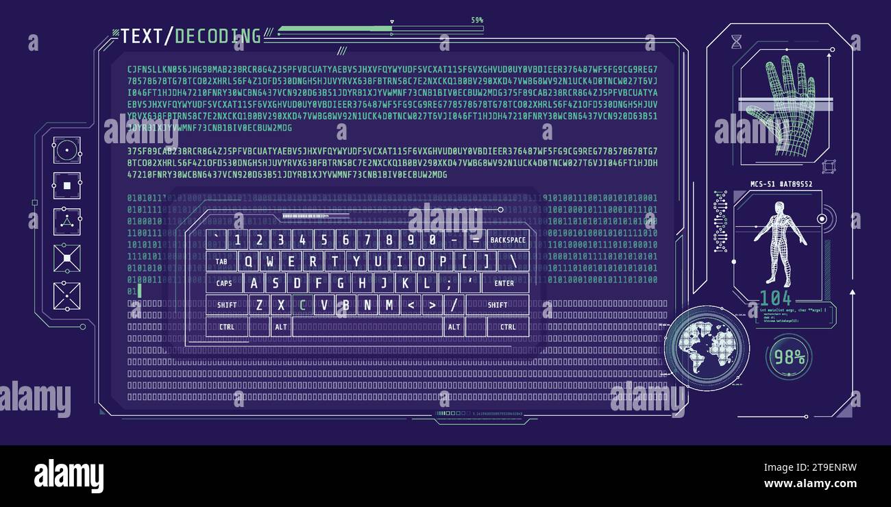 Dateneingabe und Textdekodierung auf dem futuristischen Schnittstellenbildschirm. Stock Vektor
