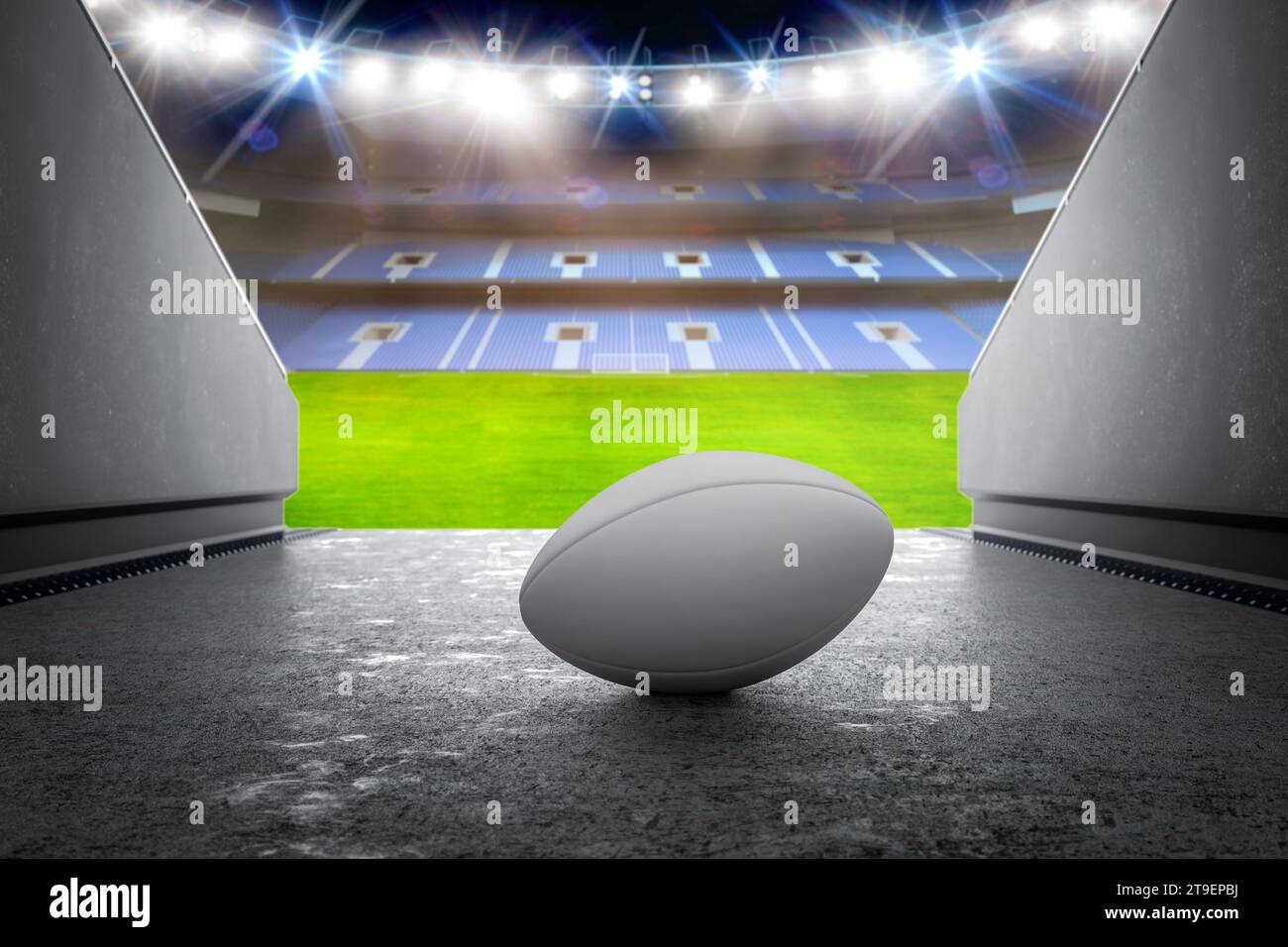 3D-Wiedergabe des Rugbyballs im Stadion Stockfoto