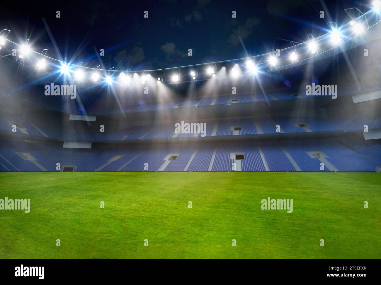 3D-Wiedergabe von Fußball oder Fußballfeld mit Fußballstadionhintergrund Stockfoto