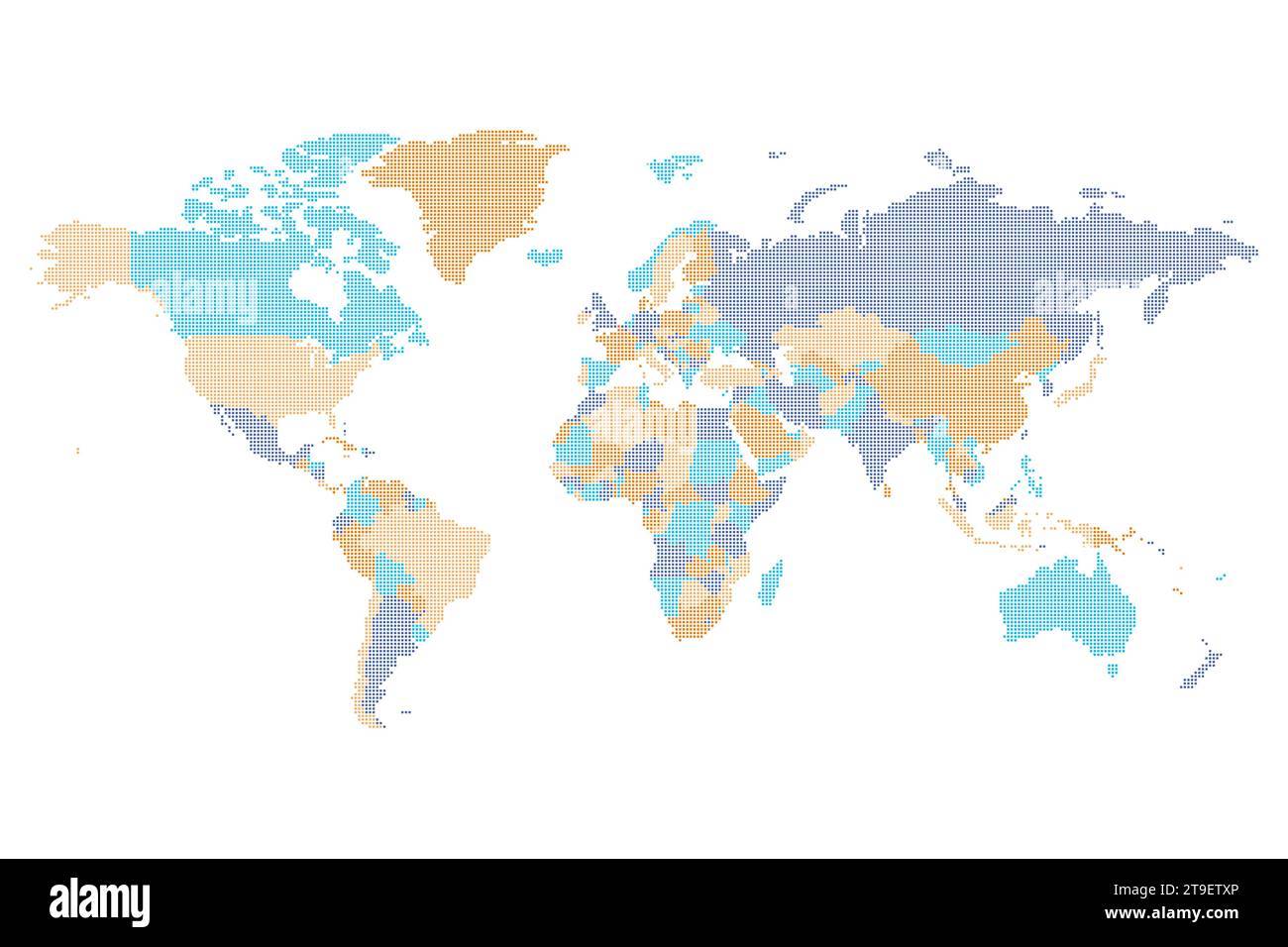 Gepunktete politische Weltkarte - Pixelmosaik aus abgerundeten Quadraten. Vier Farbschemata in Blau und Orange. Vektorabbildung Stock Vektor