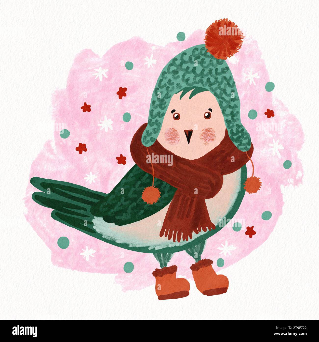 Handgezeichnete Illustration des Weihnachtswintervogels in Hut Schal Stiefeln. Weihnachtskardinal-Bullfink-Zeichentrickfilm lustige Figur in rosa grün orange, Einladungsplakat Grußkarte im Gouache-Stil, moderne Kinderfeier Stockfoto