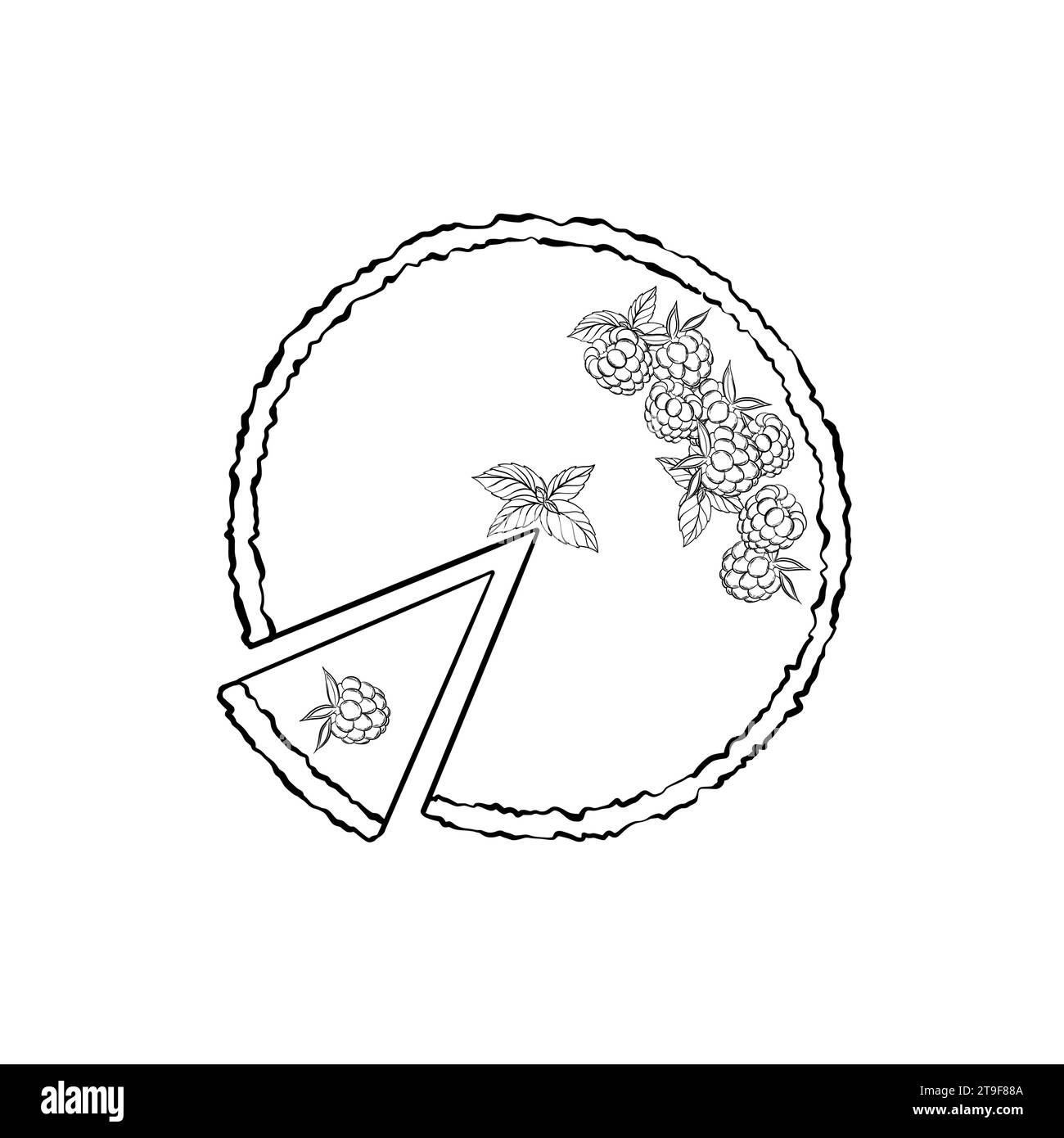 Käsekuchen und in Scheiben mit Minze und Beeren. Vektorabbildung. Grapgischer STYLE. Handgezeichnet in einem einfachen minimalistischen Stil. Kann in der Küche verwendet werden Stock Vektor