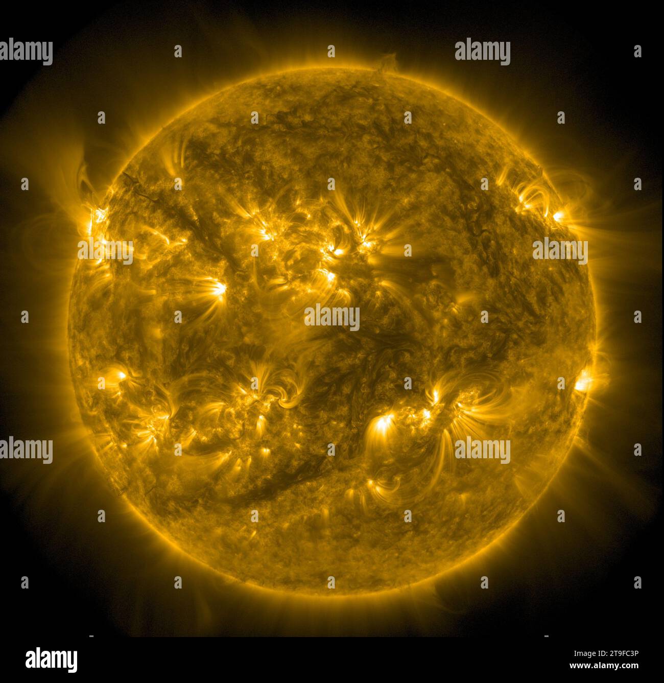 Sonnenscheibe mit Strahlungsausbrüchen und Magnetschleifen auf der Oberfläche Stockfoto
