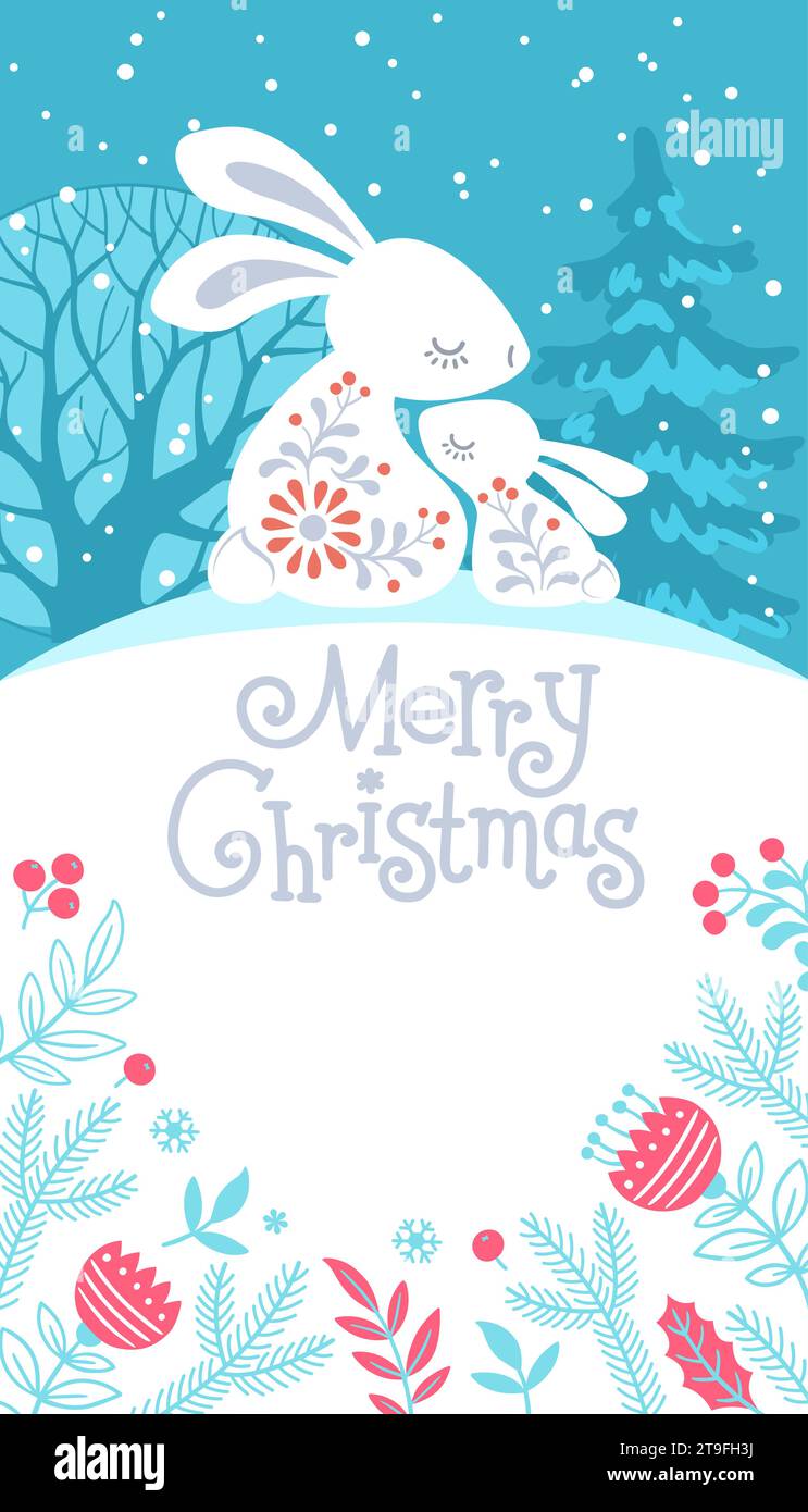 Vertikales Banner „Winter Forest Animal“. Handgezeichnete Silhouette von Familienhasen im skandinavischen Folklore-Stil. Grußkarte mit Text Frohe Weihnachten Stock Vektor