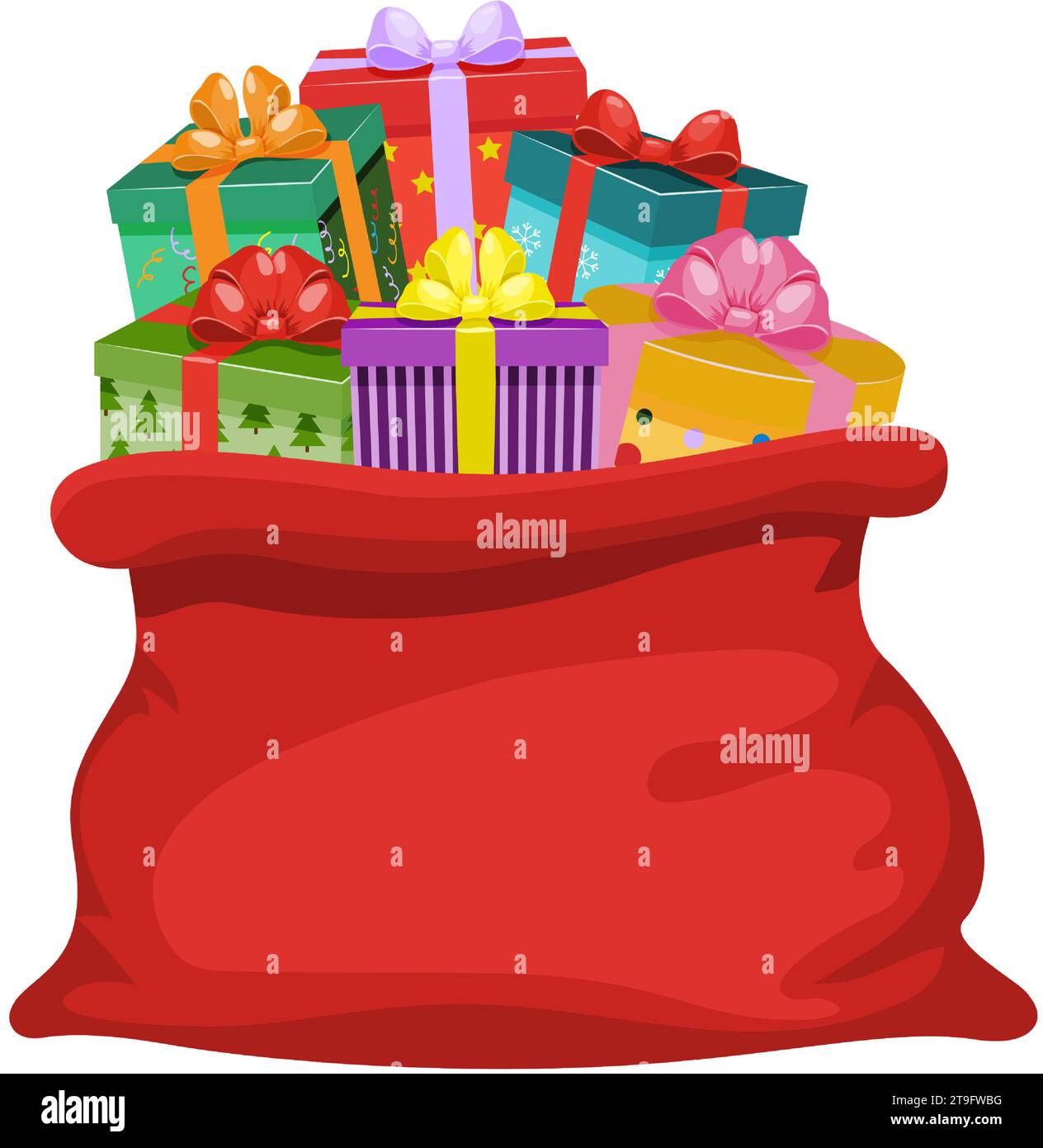 Ein roter Sack Weihnachtsmann voller Geschenke. Große offene Tasche mit Geschenkboxen. Traditionelles Weihnachts- und Neujahrssymbol, Attribut des Weihnachtsmanns. Vektor krank Stock Vektor