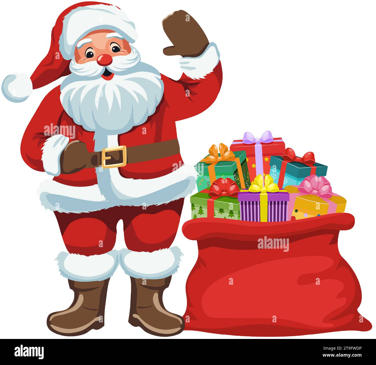 weihnachtsmann mit Geschenken. Der fröhliche Weihnachtsmann steht und winkt seine Hand neben einem Sack voller Geschenke. Traditioneller Weihnachts- und Neujahrscharakter. Stock Vektor