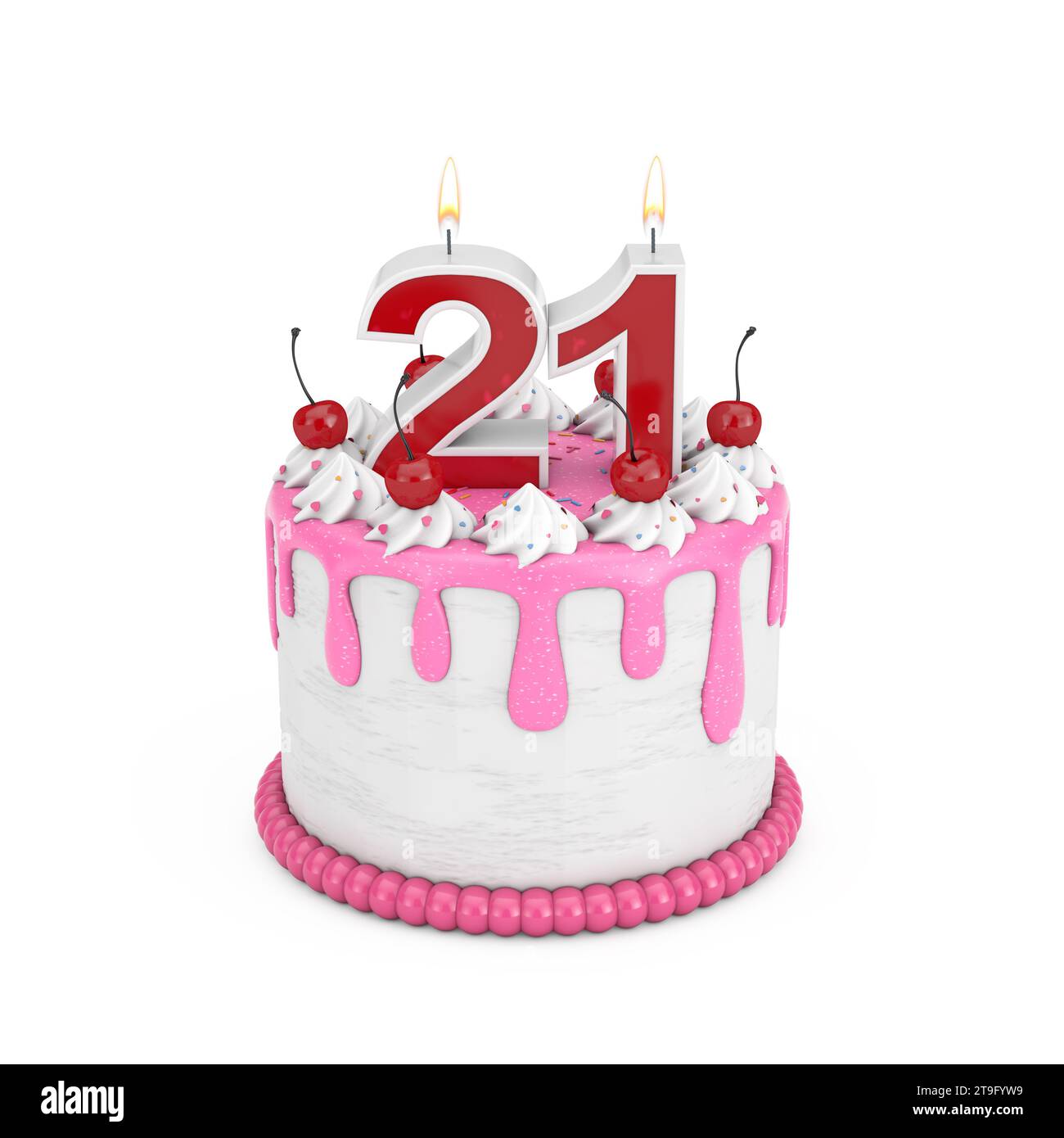 Konzept Zum 21. Geburtstag. Abstrakte Geburtstagscartoon Dessert Kirschkuchen mit Kerze zum einundzwanzigsten Jahrestag auf weißem Hintergrund. 3D-Rendering Stockfoto