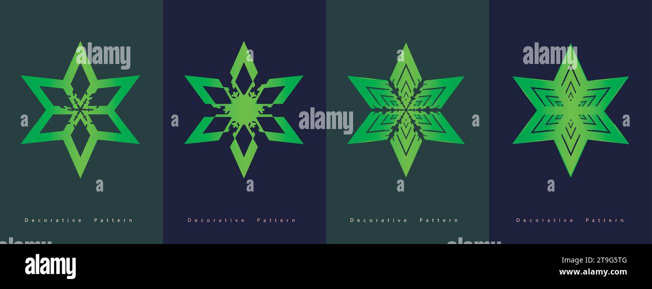 Set mit vier dekorativen Sternentwürfen - Logo- und Icon-Set für Grußkarten, Weihnachtsfeierkarten, Einladungskarten und für Hintergrund. Symbole Stock Vektor