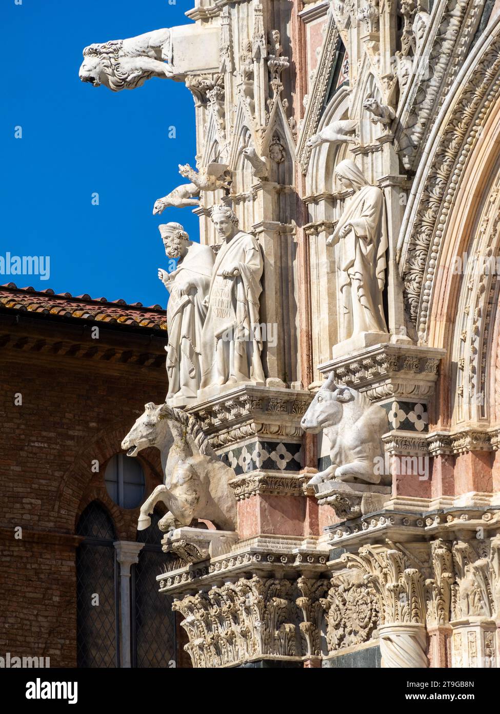 Heilige Statuen an der linken Ecke der Fassade der Kathedrale von Siena Stockfoto