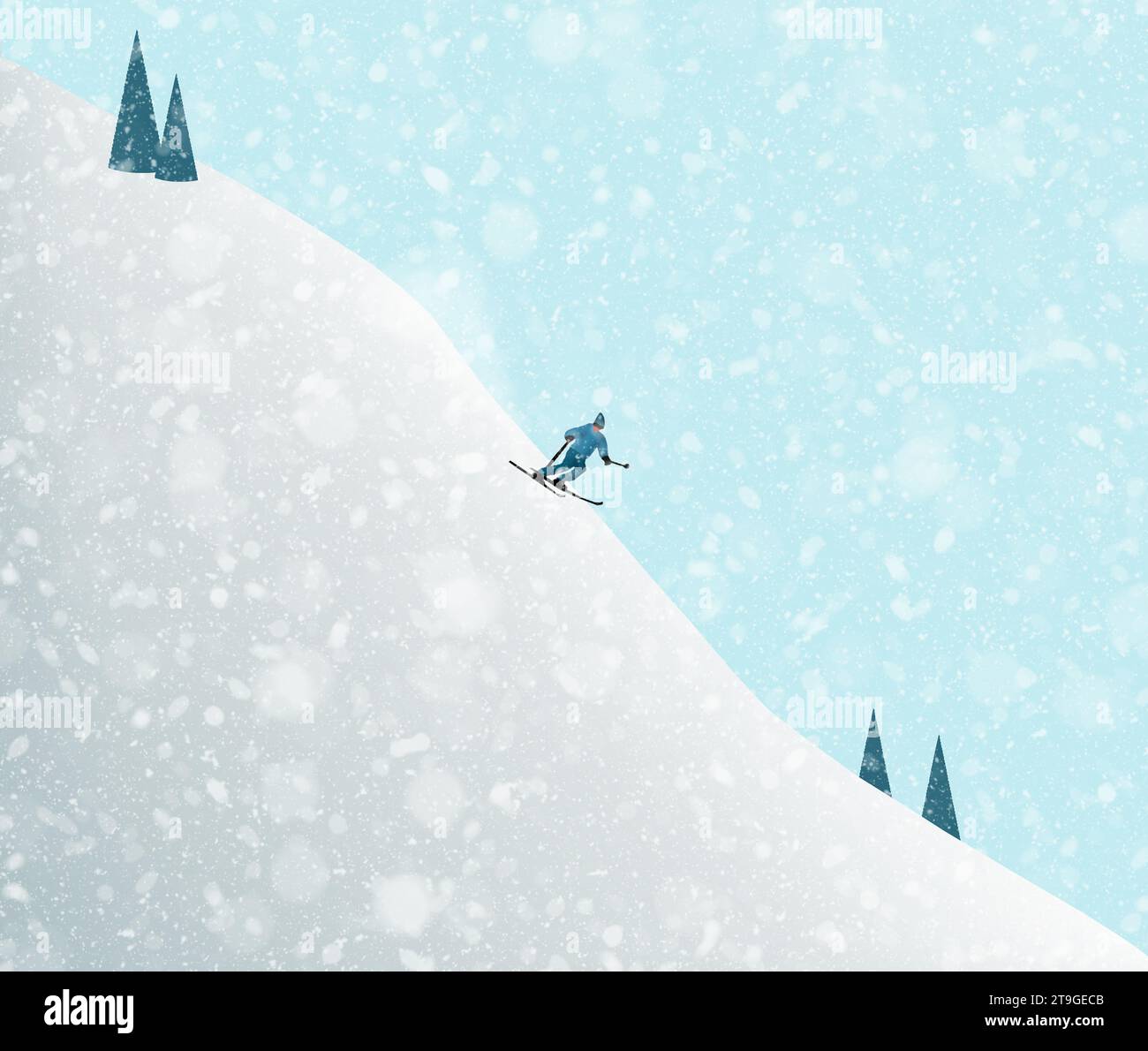 Ein Skifahrer kommt in einem minimalistischen Grafikdesign mit viel Text- oder Kopierraum den Berg hinunter. Stockfoto