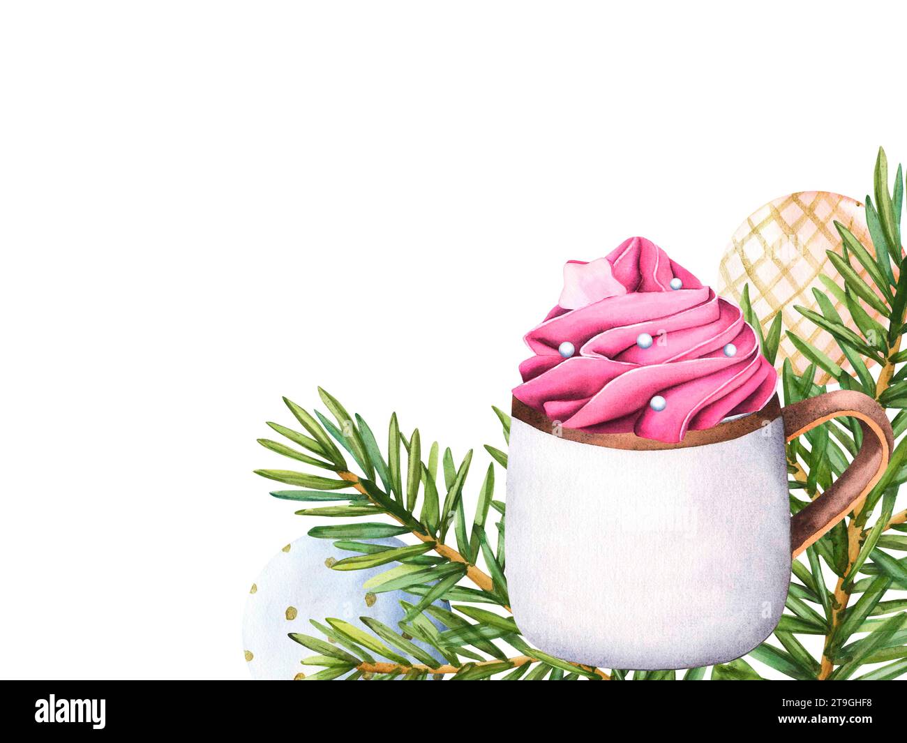 Schokoladentasse mit Heißgetränk und Schlagsahne, Süßwaren-Streusel-Topping, Stern und Perlen. Tannenzweige. Aquarell Illustration Kaffeetasse Stockfoto