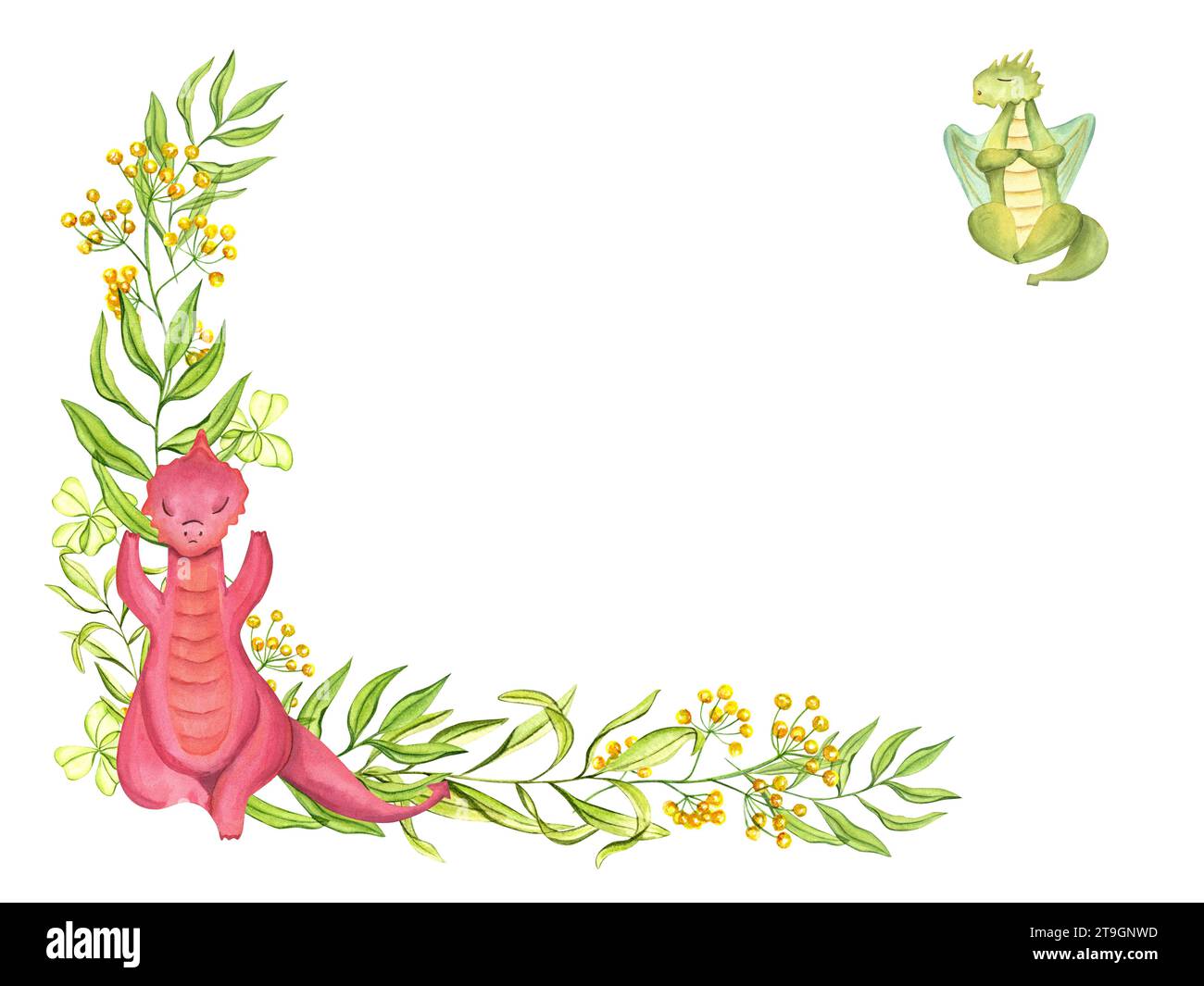 Rahmen mit stilvollen roten, grünen Drachen in verschiedenen Yoga-Posen. Tiermeditation. Blühende gelbe Blumen, junge Pflanzen. Stockfoto