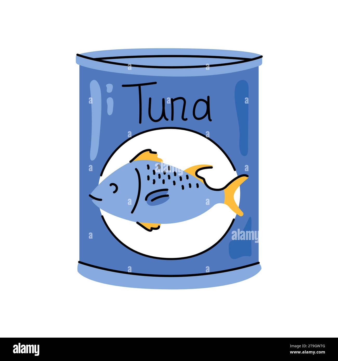 Handgezeichnetes Thunfischkannen-Farbelement. Cartoon unverarbeitete Lebensmittel. Isolierte Vektordarstellung. Stock Vektor
