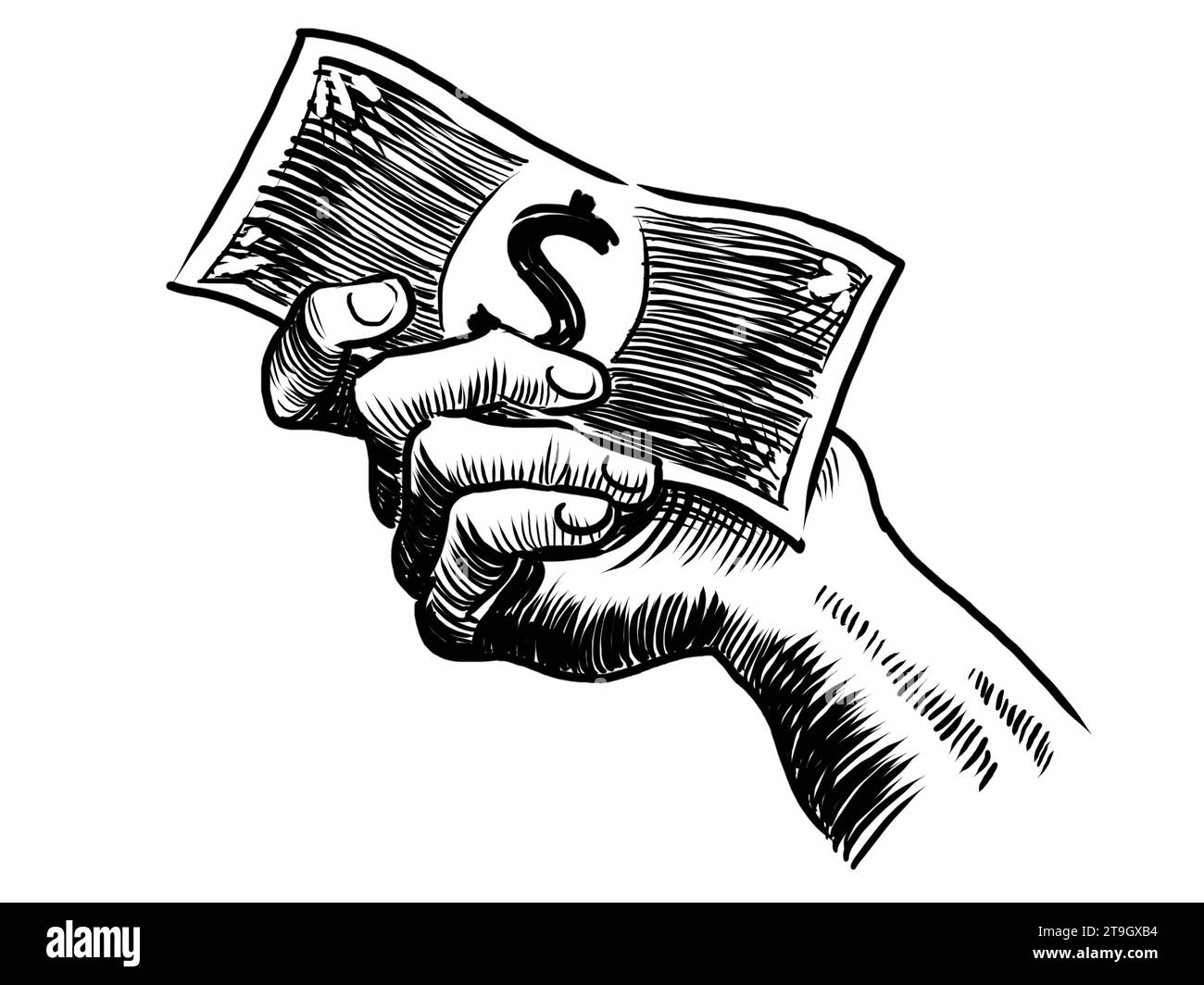 Hand mit einer Dollar-Banknote. Handgezeichnete Schwarz-weiß-Illustration Stockfoto