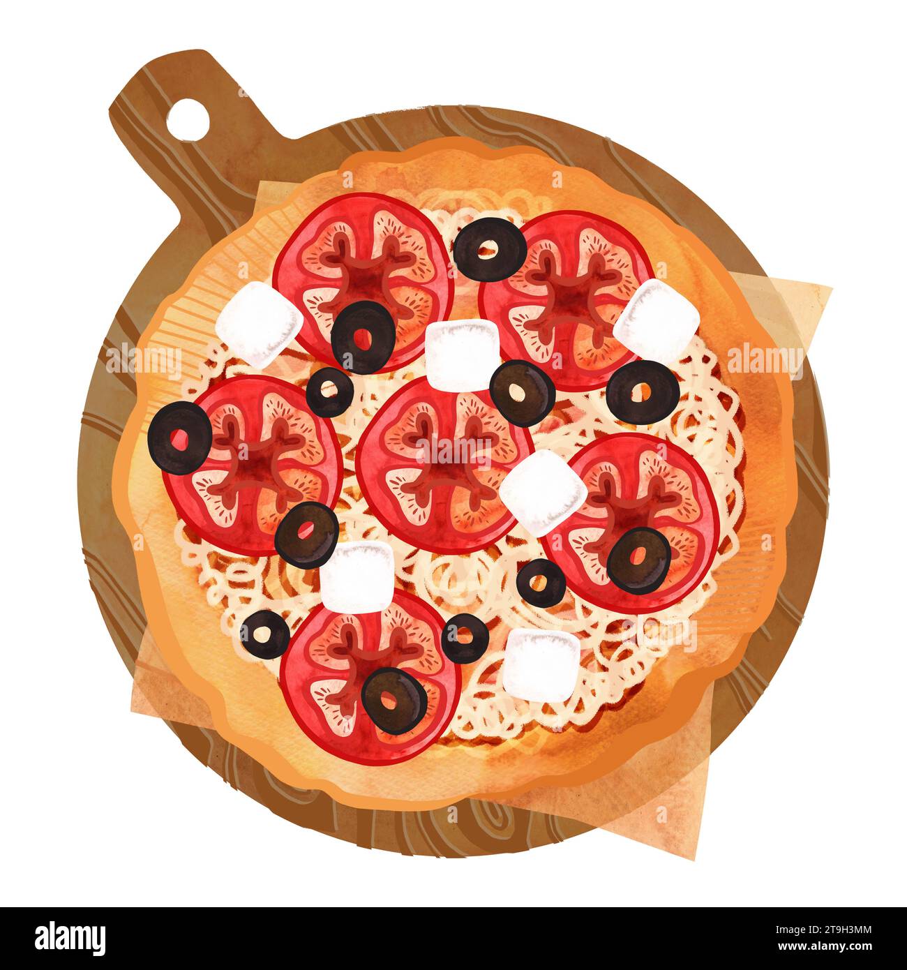 Pizza mit Tomaten, Fetakäse und Oliven auf dickem Teig auf einem runden hölzernen Servierbrett. Isolierte Aquarellabbildung auf weißem Hintergrund für m Stockfoto
