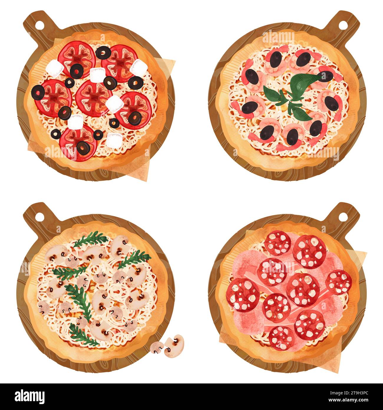 Pizza-Set. Fleisch, Meeresfrüchte, Pilz- und Tomatenpizza mit dickem Teig auf einem hölzernen Servierbrett. Isolierte Aquarellabbildung auf weißem Hintergrund f Stockfoto