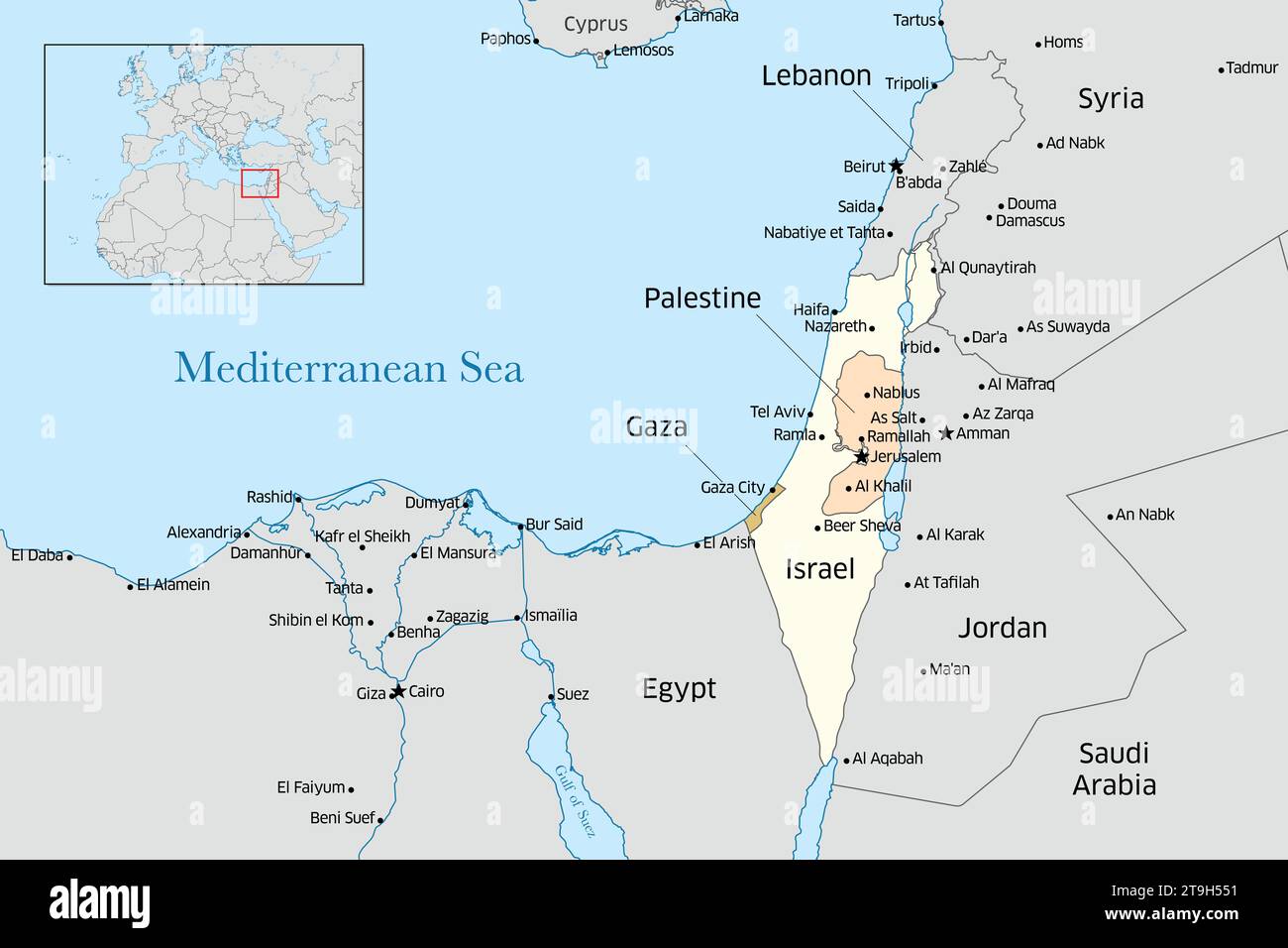 Illustrative Karte von Israel, Palästina, Libanon und Gaza. Stockfoto