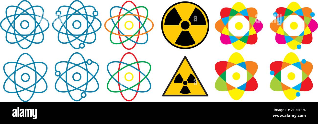 Symbolsatz mit Atom- und Energiesymbolen. Vektorabbildung. Stock Vektor