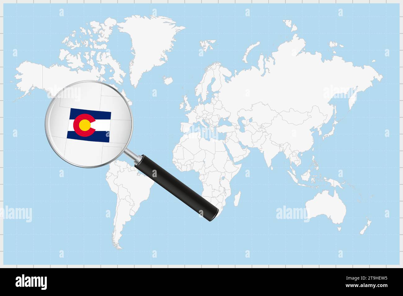 Vergrößerungsglas zeigt eine Karte von Colorado auf einer Weltkarte. Colorado-Flagge und Karte im Objektiv vergrößern. Vektorabbildung. Stock Vektor