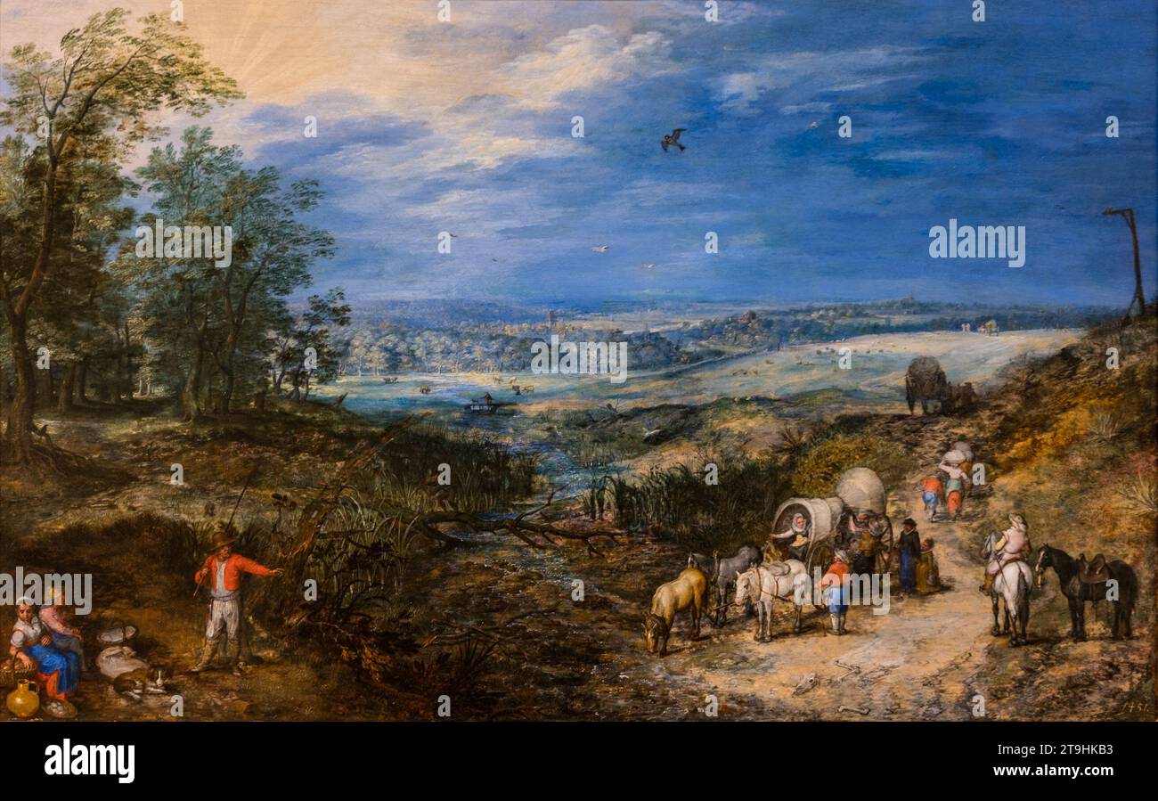 Jan Brueghel der ältere, Flämisch (1568–1625), Landschaft mit Bauern, Öl auf Hartholzplatte, um 1604 Stockfoto