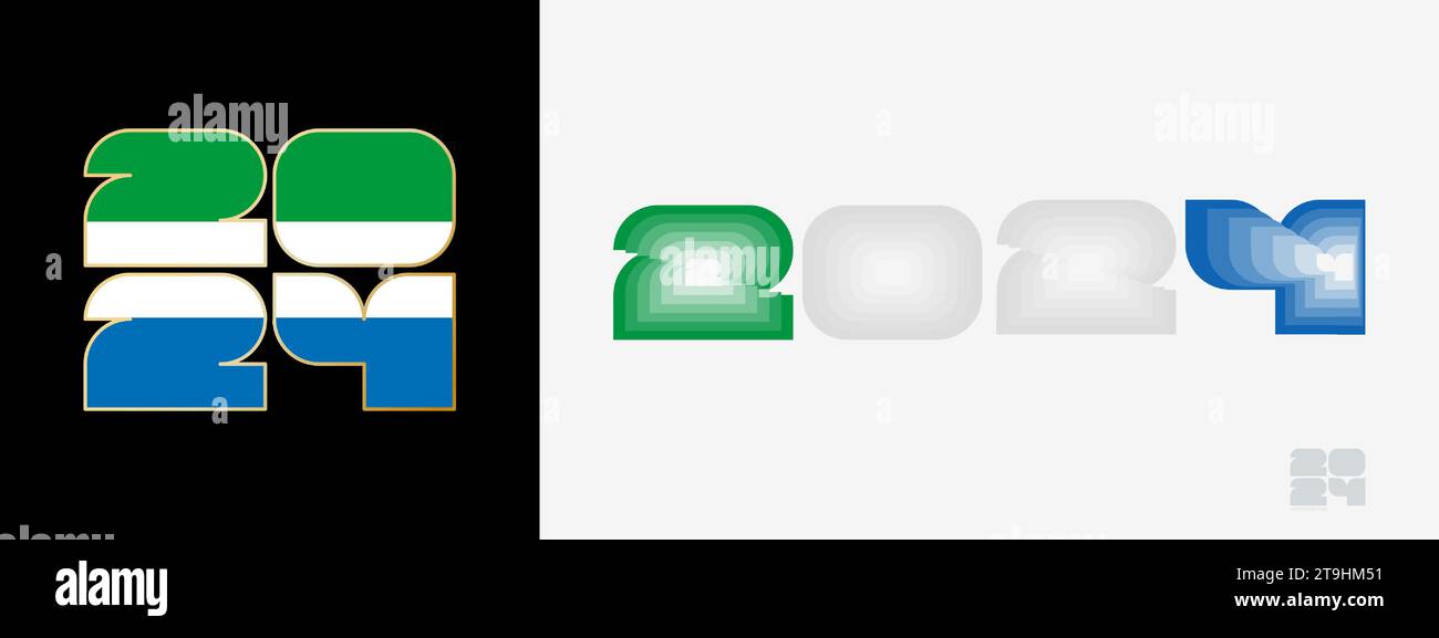 Jahr 2024 Mit Der Flagge Von Sierra Leone Und Im Farbgeschmack Von   Jahr 2024 Mit Der Flagge Von Sierra Leone Und Im Farbgeschmack Von Sierra Leone Flagge Happy New Year 2024 In Zwei Verschiedenen Stilen Neujahrsdesign Fur Kalender 2t9hm51 