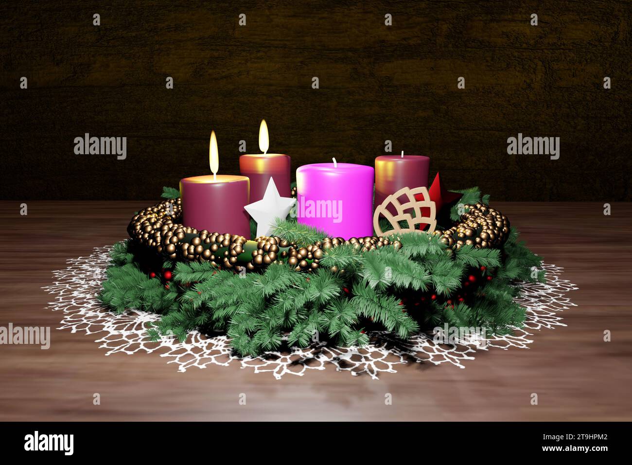 Adventskranz. 2. Sonntagskonzept mit zwei brennenden Kerzen. Stockfoto
