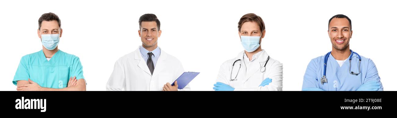 Medizinische Krankenschwestern auf weißem Hintergrund, Fotoset Stockfoto