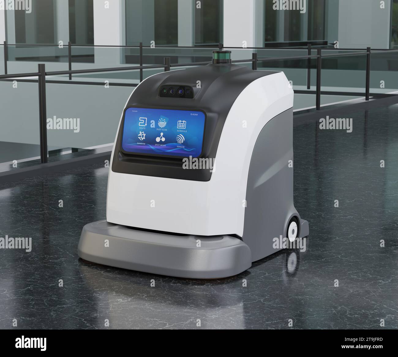 Autonome Robot Cleaner Reinigung des Bodens im Einkaufszentrum. Allgemeines Design. 3D-Rendering-Bild. Stockfoto