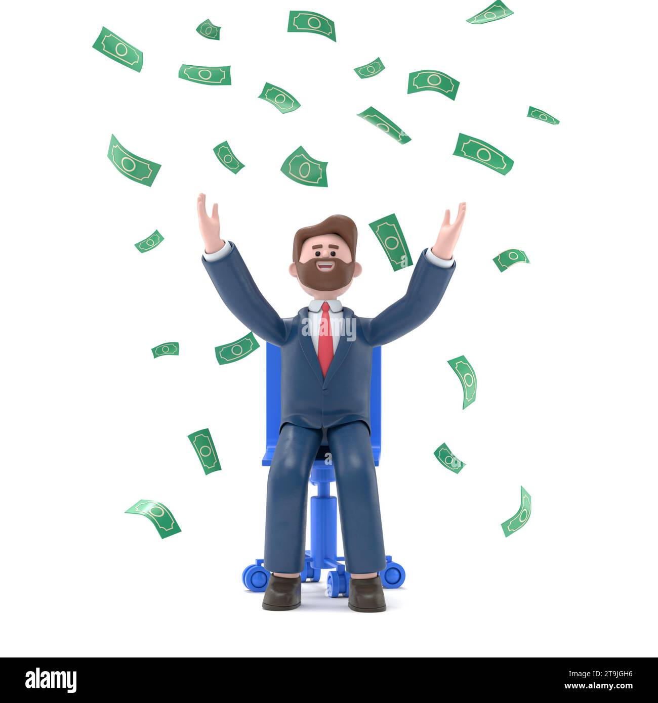 3D-Illustration eines lächelnden bärtigen amerikanischen Geschäftsmannes Bob feiert Erfolg, der in einem Bürostuhl unter fallenden Geldregenscheine sitzt.3D-Rendering Stockfoto