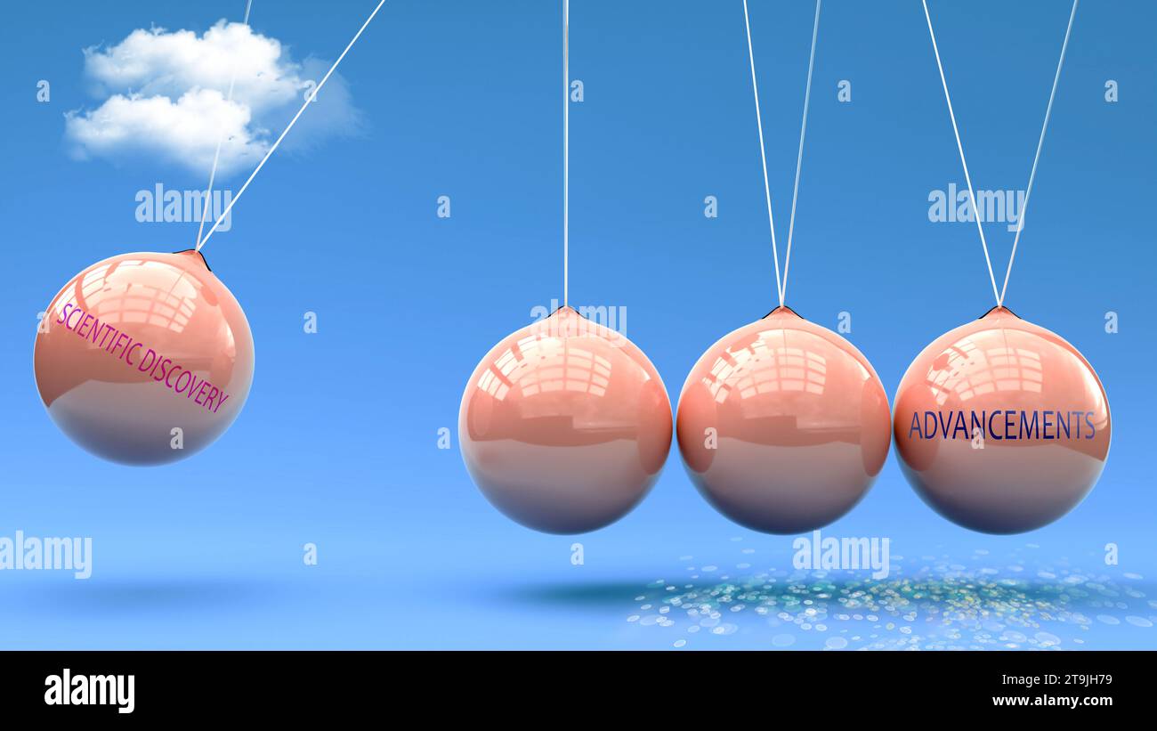 Wissenschaftliche Entdeckungen führen zu Fortschritten. Ursache-Wirkung-Beziehung zwischen ihnen. 3D-Abbildung Stockfoto