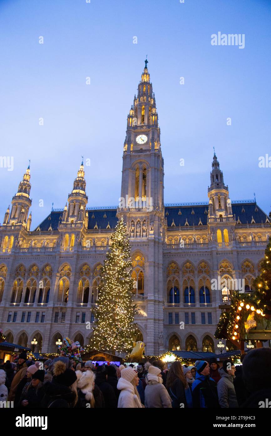 Das Rathause ist mit goldenen Nachtlichtern dekoriert, dessen Vorhof im Winter nachts als Wiener Christkindlmarkt genutzt wird Stockfoto