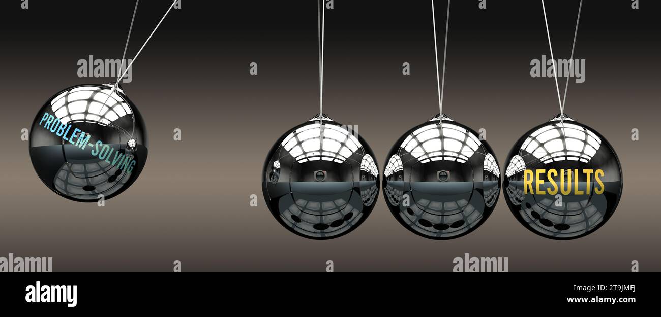 Problemlösung führt zu Ergebnissen. Eine Metapher, in der Problemlösung die Bewegung der Ergebnisse einleitet und ihr Energie verleiht. Ursache-Wirkungs-Beziehung zwischen Stockfoto