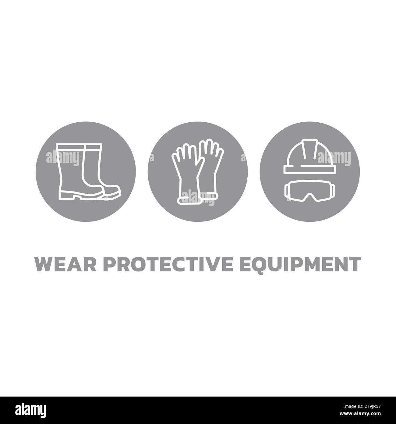 Vektorsymbole für Schutzausrüstung tragen. Gummistiefel, Helm oder Schutzhelm und Brille oder Brille Icon Set. Stock Vektor