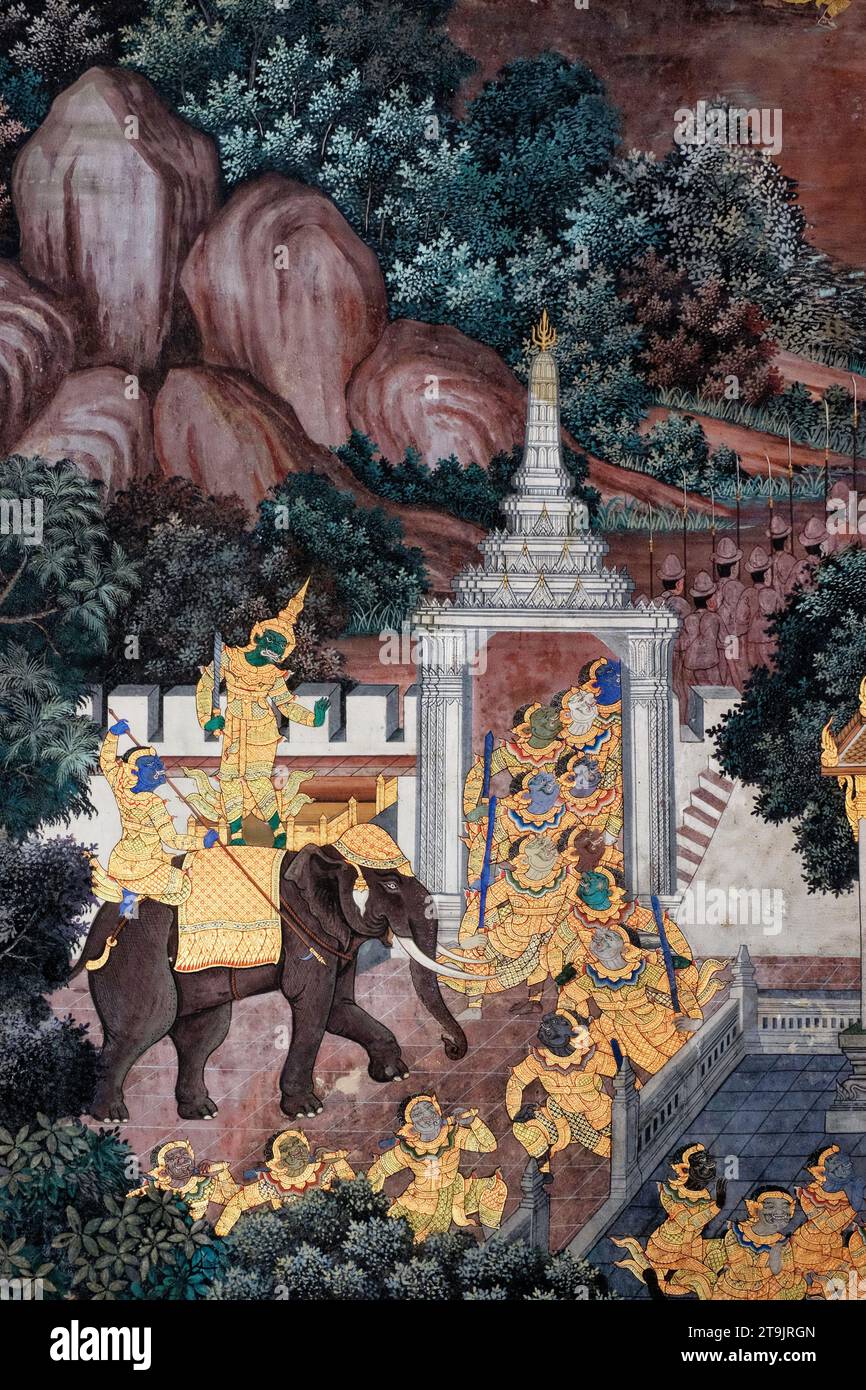 Bangkok, Thailand, 27. Dezember 2018. In einem Tempel in Bangkok bietet ein traditionelles thailändisches Wandbild eine visuelle Reise durch die mythischen Geschichten von Stockfoto