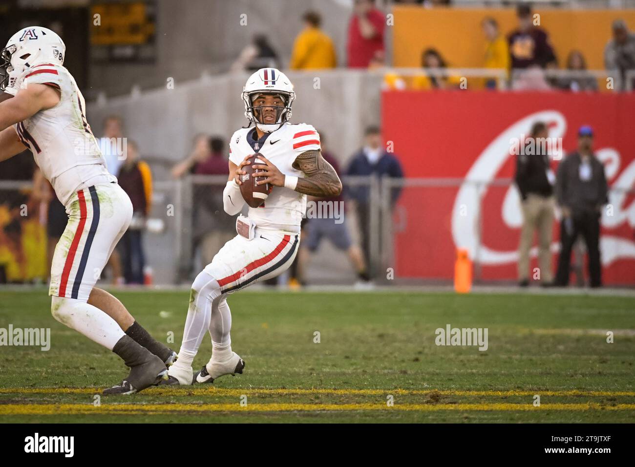 Arizona Wildcats Quarterback Noah Fifita (11) wirft das Feld im vierten Viertel eines NCAA College Football Spiels gegen die Arizona State Sun Devils in Tempe, Arizona, am Samstag, den 25. November 2023. Arizona besiegte Arizona State 59-23 (Thomas Fernandez / Image of Sport). Stockfoto