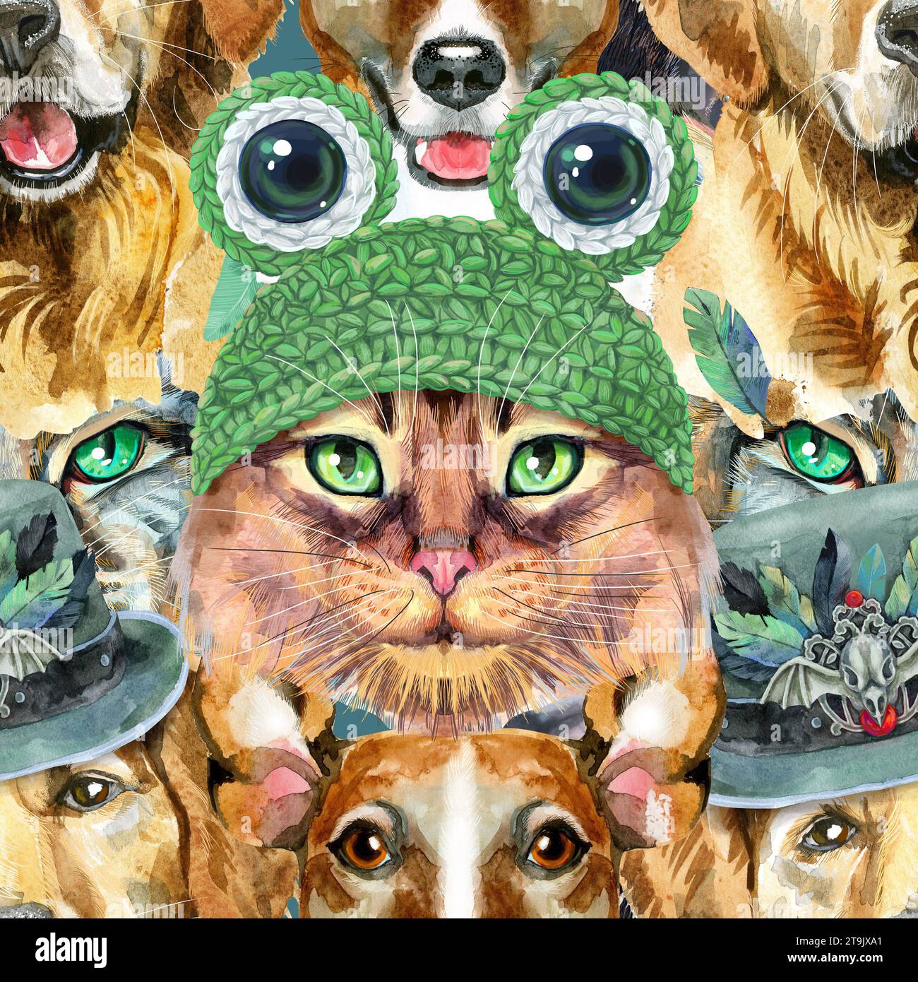 Nahtloses Muster von Hund, Meerschweinchen, Katze, Minischwein und Ratte. Aquarellbilder für Haustiere. Handgezeichnete Illustration mit Aquarell Stockfoto